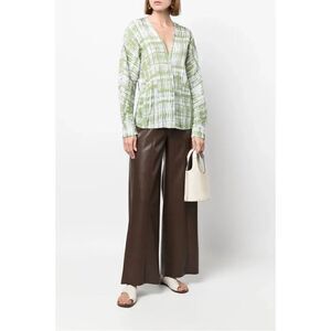 Vince Tie Dye Pistachio Green White Double Vneck Long Sleeve Silk Blouse Sz M